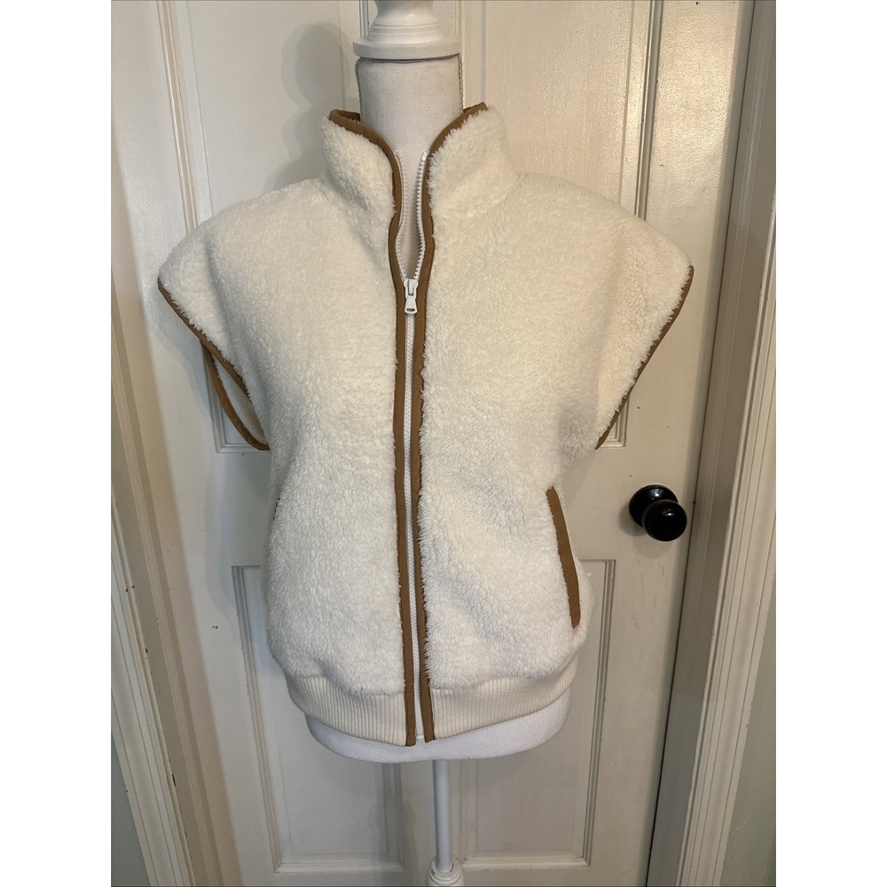 Vineyard Vines Full Zip Cream Plush Vest Brown Trim Wool Ribbed Pockets Sz Small - Picture 2 of 13